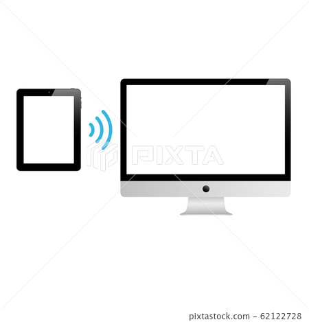 Smart device tablet connected via wifi wireless connection to pc. Stock Vector illustration isolated on white background. Smart device tablet connected via wifi wireless connection to pc. Stock Vector illustration isolated on white background. 62122728
