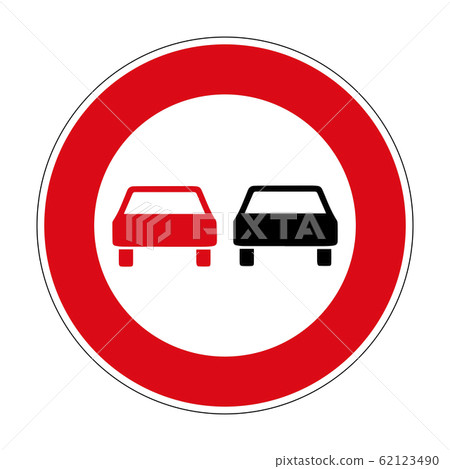 Ban overtaking for all types of non-rail vehicles. Overtaking is prohibited. Road sign of Germany. Europe. Vector graphics. Ban overtaking for all types of non-rail vehicles. Overtaking is prohibited. Road sign of Germany. Europe. Vector graphics. 62123490