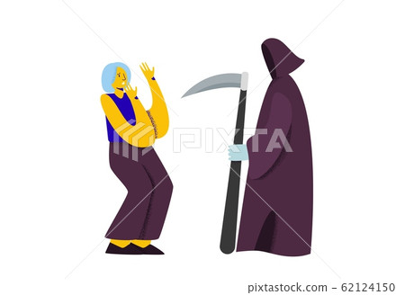 A man in a caricature style is afraid of death. A man in a caricature style is afraid of death. 62124150