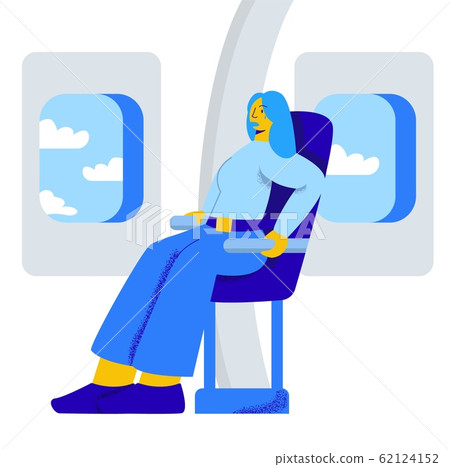 Character girl afraid to fly in an airplane. 62124152