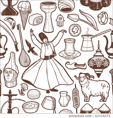 Dark Turkish Symbols Pattern in Hand Drawn Style 62124273