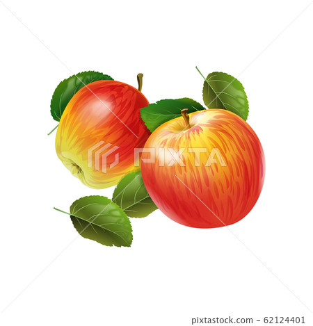 Red ripe apple with green leaves on the white background 62124401