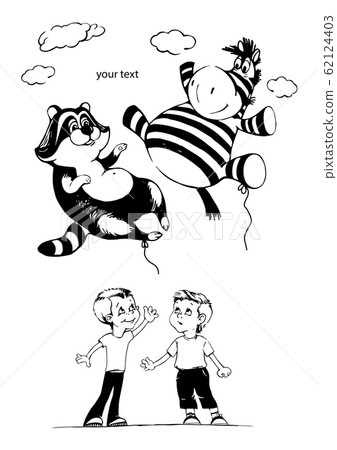 two boys launch balloons in the sky on a birthday. Zebra and raccoon fly in the sky. Greeting card. Congratulation 62124403