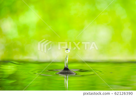 Fresh green background with drops falling on water surface Fresh green background with drops falling on water surface 62126390