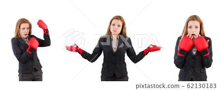 Woman businesswoman with boxing gloves on white Woman businesswoman with boxing gloves on white 62130183