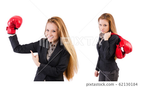 Woman businesswoman with boxing gloves on white Woman businesswoman with boxing gloves on white 62130184