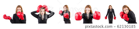 Woman businesswoman with boxing gloves on white Woman businesswoman with boxing gloves on white 62130185