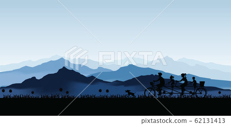 Silhouette of happy family cycling tandem bicycle 62131413