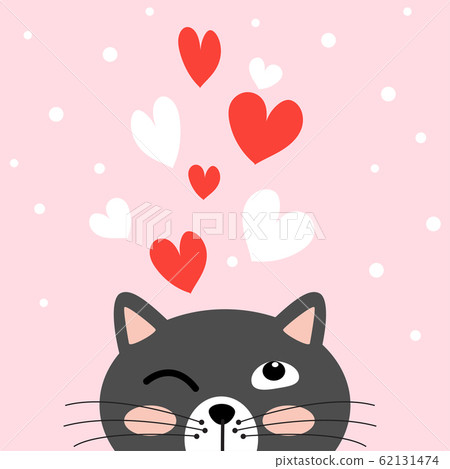 Black cat with red and white heart on pink 62131474