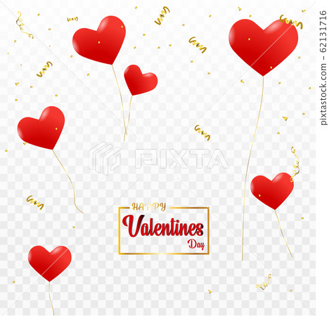 Red balloon hearts and confetti particles. Valentines Day or Wedding invitation festive decoration Red balloon hearts and confetti particles. Valentines Day or Wedding invitation festive decoration 62131716