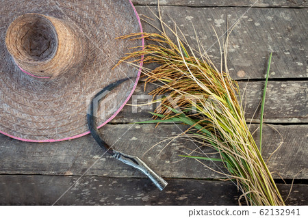 Top view, Rice on the old wooden floor Top view, Rice on the old wooden floor 62132941