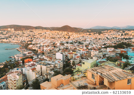 Kusadasi, Aydin Province, Turkey. Old Residential Houses And Kusadasi Cityscape In Sunny Summer Day. Kusadasi Skyline At Aegean Coast, Turkey 62133659