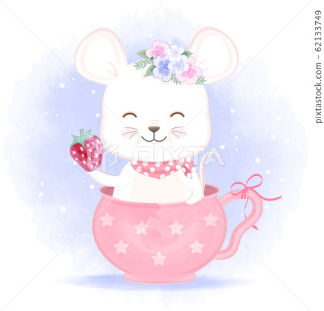 Cute Baby Mouse Holding Strawberry In Cup Hand Stock Illustration