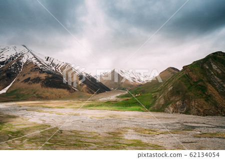 Karatkau Village, Kazbegi District, Mtskheta-Mtianeti Region, Georgia. Truso Gorge Spring Mountain Landscape 62134054