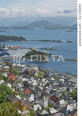 The bird's eye view of Alesund port town on the The bird's eye view of Alesund port town on the 62136093
