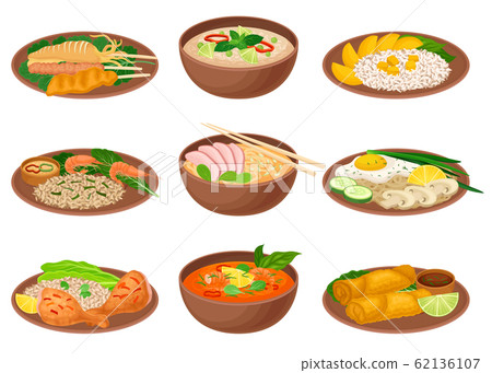 Appetizing Thai Food Served on Ceramic Plates Side View Vector Illustration Appetizing Thai Food Served on Ceramic Plates Side View Vector Illustration 62136107
