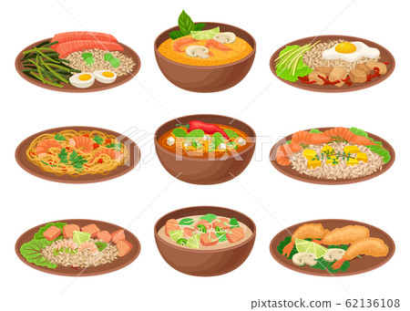 Appetizing Thai Food Served on Ceramic Plates Side View Vector Illustration 62136108