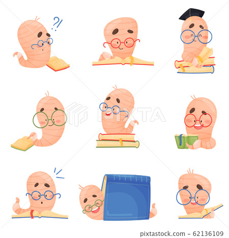 Bookworm Character with Favorite Books Vector Illustrations Set Bookworm Character with Favorite Books Vector Illustrations Set 62136109