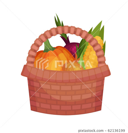 Wicker Basket with Fresh Vegetables Isolated on... - Stock Illustration ...