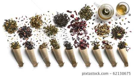Large assortment of tea on a white background. The view from the top Large assortment of tea on a white background. The view from the top 62138675