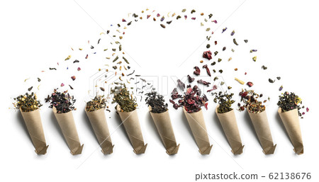 Large assortment of tea on a white background. The view from the top Large assortment of tea on a white background. The view from the top 62138676