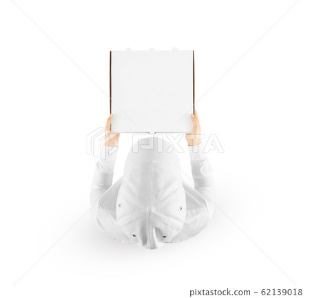 Delivery man holding blank pizza box mockup hand, top view Delivery man holding blank pizza box mockup hand, top view 62139018