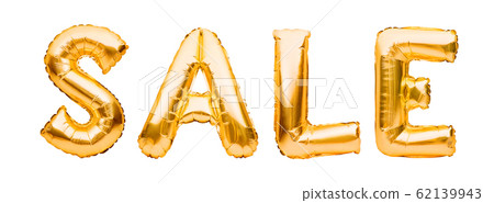Word SALE made of golden inflatable balloons isolated on white background. Helium balloons gold foil forming word sale. Discount and advertisement Word SALE made of golden inflatable balloons isolated on white background. Helium balloons gold foil forming word sale. Discount and advertisement 62139943