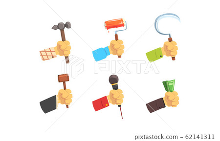 Hands Holding Tools Set, Male Hand with Symbols of Different Professions Vector Illustration Hands Holding Tools Set, Male Hand with Symbols of Different Professions Vector Illustration 62141311