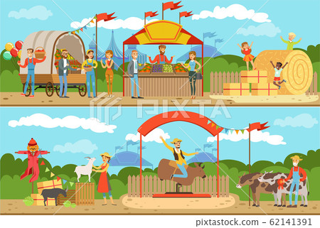Farm Local Market Collection, Farmers Selling Fresh Organic Eco Food Products and Livestock Vector Illustration 62141391