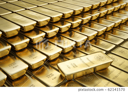 Ingots gold bars stacked aligned with one placed 62141570