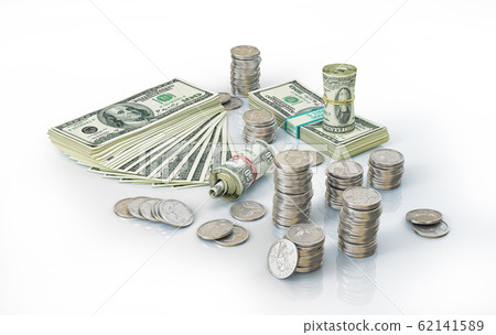 Money. Mixed wads of USD banknotes and some silver Money. Mixed wads of USD banknotes and some silver 62141589