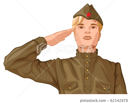 Russian soldier man in retro military uniform salutes with his hand Russian soldier man in retro military uniform salutes with his hand 62142878