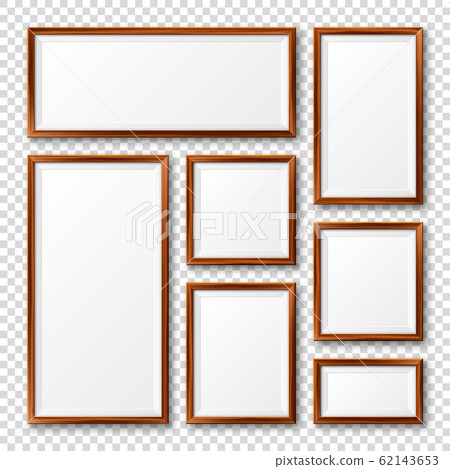 Realistic blank wooden picture frames collection. Modern poster mockup. Empty photo frame with 62143653