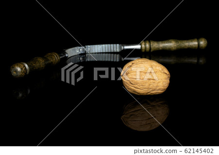 Brown tasty walnut isolated on black glass Brown tasty walnut isolated on black glass 62145402