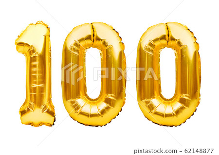 Number 100 one hundred made of golden inflatable balloons isolated on white. Helium balloons, gold foil numbers. Party decoration, anniversary sign for holidays, celebration, birthday, carnival 62148877