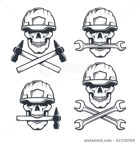 Skull mechanic in hard hat with wrench Skull mechanic in hard hat with wrench 62150509