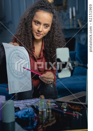 Attractive female astrologer demonstrating a natal chart Attractive female astrologer demonstrating a natal chart 62151969
