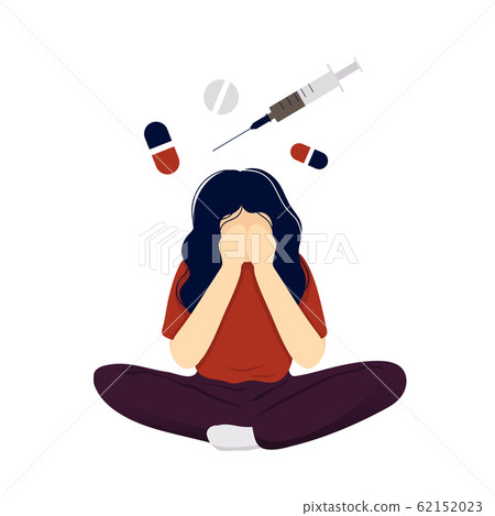 Depressed woman with syringe and pills over head Depressed woman with syringe and pills over head 62152023