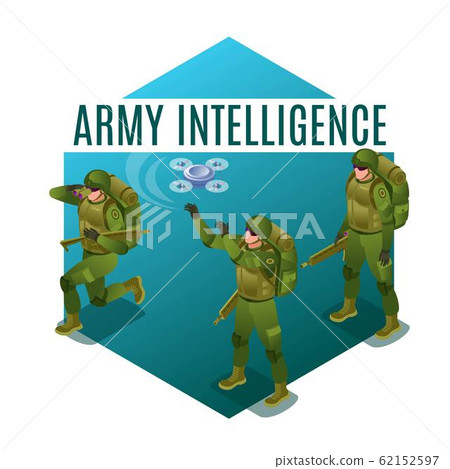 Soldiers of Army Intelligence with Drone illustration isometric icons on isolated background Soldiers of Army Intelligence with Drone illustration isometric icons on isolated background 62152597