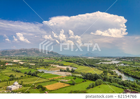 Landscape with river basin and mountain range. Landscape with river basin and mountain range. 62154766