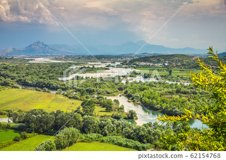 Landscape with river basin and mountain range. Landscape with river basin and mountain range. 62154768
