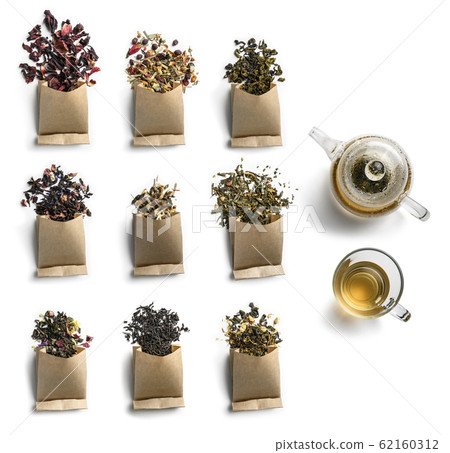 Large assortment of tea on a white background. The view from the top 62160312