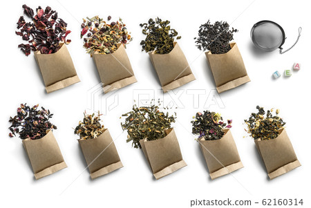 Large assortment of tea on a white background. The view from the top 62160314