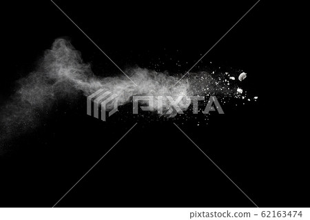 Freeze motion of white dust particles splash on black background.White powder explosion clouds. Freeze motion of white dust particles splash on black background.White powder explosion clouds. 62163474
