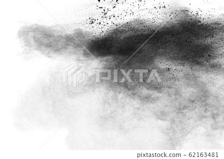 Black particles splatter on white background. Black powder dust burst. Black particles splatter on white background. Black powder dust burst. 62163481