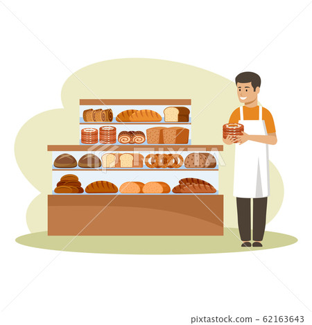 Shop of bread products. Counter. The seller holds 62163643