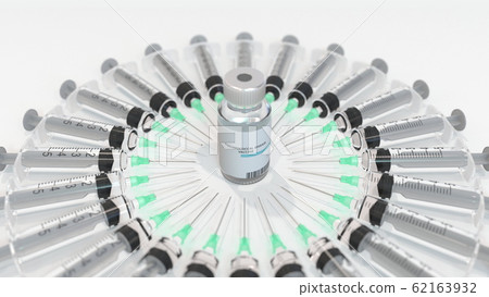 Vial with pneumococcal disease vaccine and syringes. Conceptual medical 3D rendering 62163932
