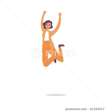 Happy woman in yellow business suit jumping in air and smiling Happy woman in yellow business suit jumping in air and smiling 62164927
