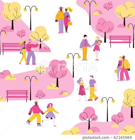 Romantic city park with cartoon couples walking together 62165069