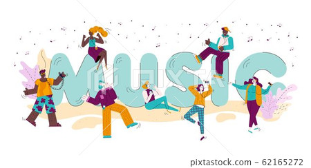Music letters and doodle people listening music vector illustration isolated. 62165272